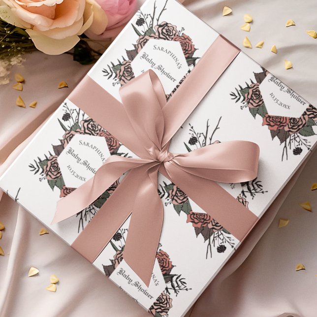 Papier Cadeau Baby shower vintage floral foncé (Elegant Gothic Baby Shower Wrapping Paper for Mother to Be. Hand Drawn Roses in Blush Pink & Leaves.)