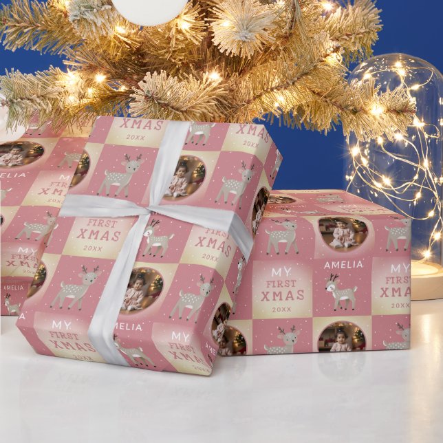 Papier Cadeau Baby's First Christmas Pink Deer Photo (Vacances)