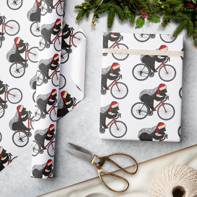 Papier Cadeau Badger de miel de Noël sur un vélo (Christmas honey badger cycling on a bicycle holiday wrapping paper)