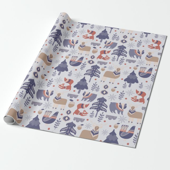 Papier Cadeau Badger de renard d'hiver scandinave bleu (Déroulé)