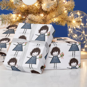 Papier Cadeau Baguette Figure Girl avec Bouquet de fleurs