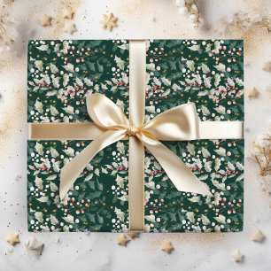 Papier Cadeau Baies de houx rouges et feuillage sur fond vert fo