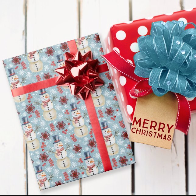 Papier Cadeau Baies neige d'hiver Snowman Bleu (Créateur téléchargé)