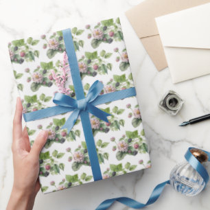 Papier Cadeau Baies noires et fleurs en blanc