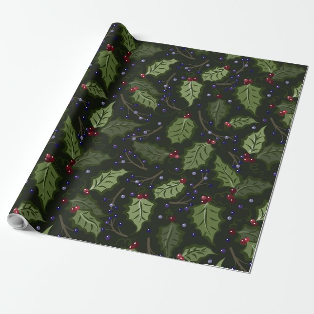 Papier Cadeau Baies rouges et pourpres Noël Holly (Déroulé)
