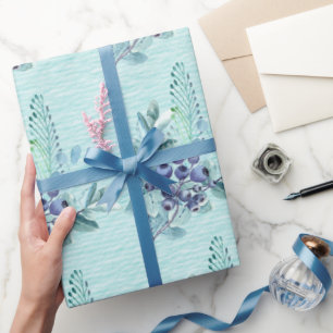 Papier Cadeau Baies violettes et plumes bleues sur turquoise fon