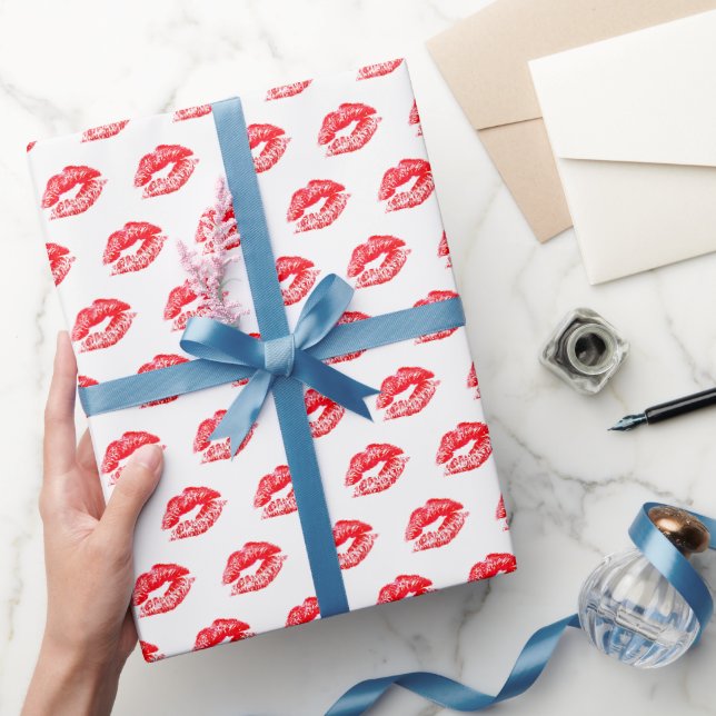 Papier Cadeau Baisers rouge à lèvres sur papier blanc (Cadeaux)