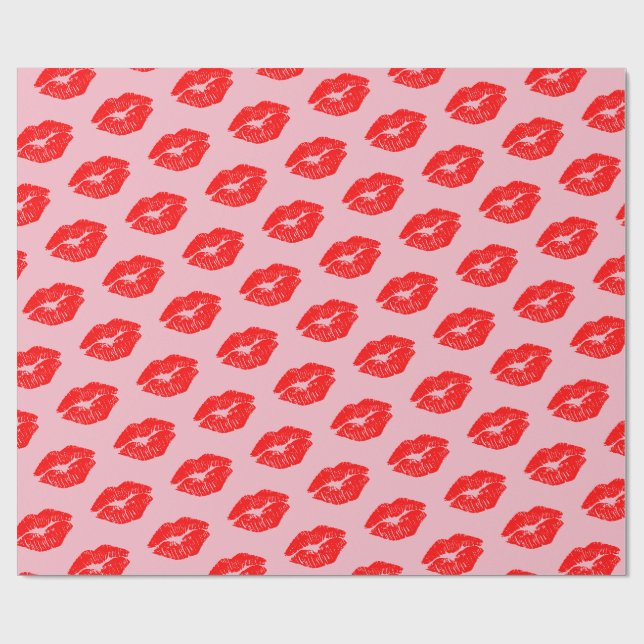 Papier Cadeau Baisers rouges de lèvres sur le papier d'emballage (Plat)