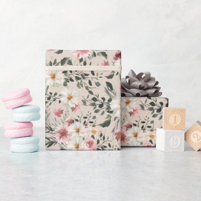 Papier Cadeau Baisy blanc avec Jardin mauve Papier à envelopper (Baby Shower)