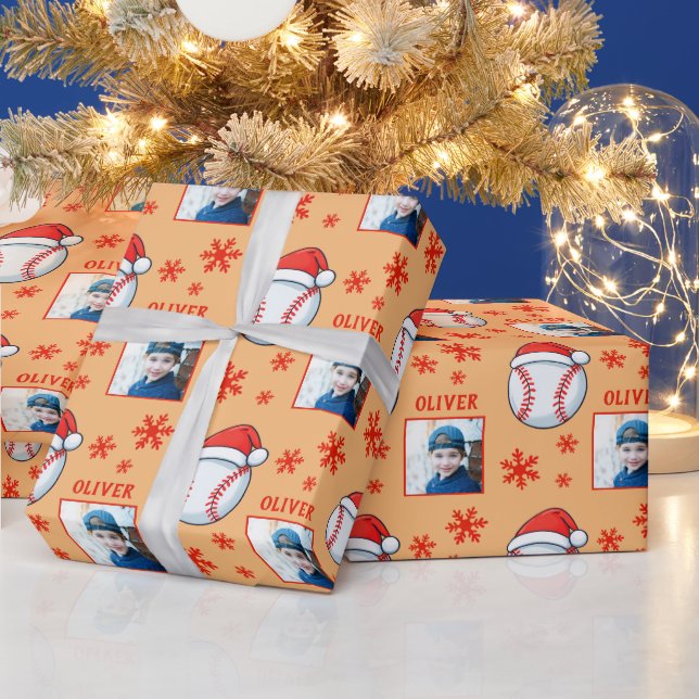 Papier Cadeau Bal de baseball Santa Hat Snowflake Nom Photo (Vacances)