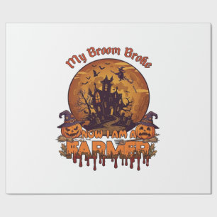 Papier Cadeau Balai Brisé Ferme Halloween Sorcière Maison Hantée
