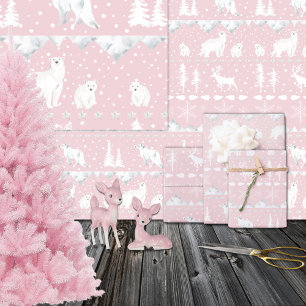 Papier Cadeau Balayage nordique Blanc Animaux d'hiver Joli rose