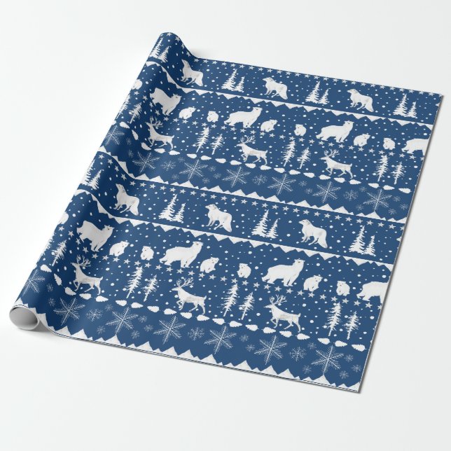Papier Cadeau Balayage nordique Blanc Animaux d'hiver Marine Ble (Déroulé)
