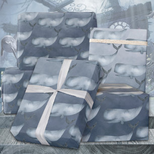 Papier Cadeau Baleines Sperm Sous L'Aquarelle Bleue Profonde De 