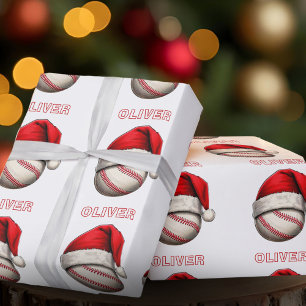 Papier Cadeau Balle de Baseball Chapeau de Père Noël Rouge Nom N