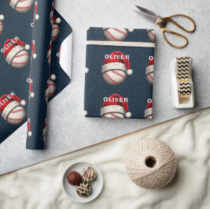 Papier Cadeau Balle de Baseball Chapeau de Père Noël Rouge Nom N