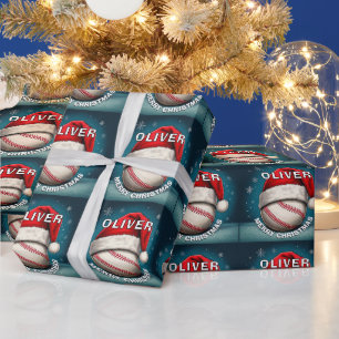 Papier Cadeau Balle de Baseball Chapeau Rouge de Père Noël Nom N