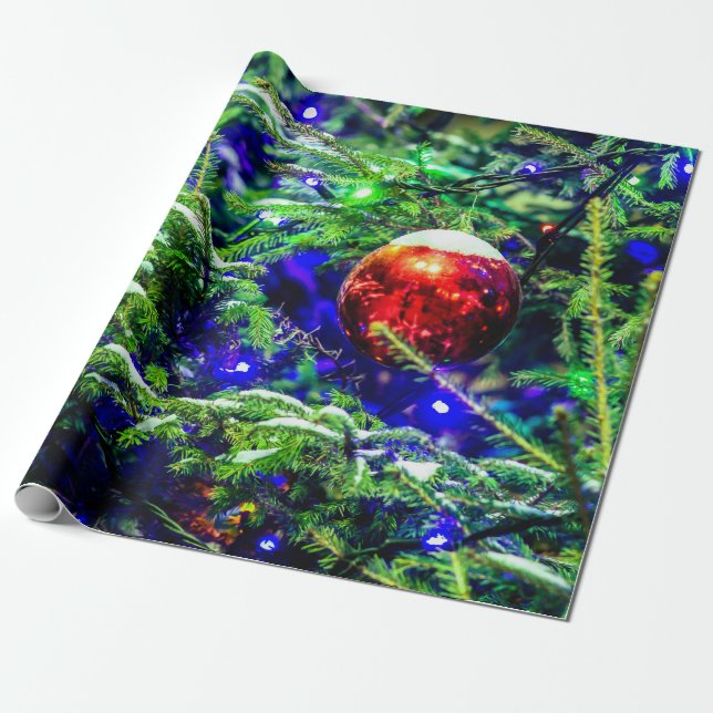 Papier Cadeau Balle de Noël rouge, épinette verte (Déroulé)