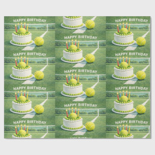 Papier Cadeau Balle de tennis avec joyeux anniversaire et gâteau