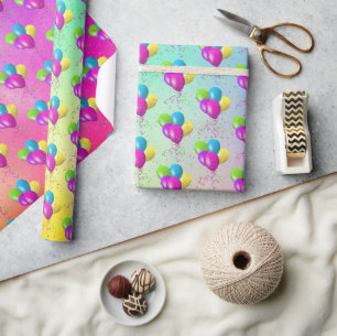 Papier Cadeau Ballons d'anniversaire avec Confetti sur arc-en-ci