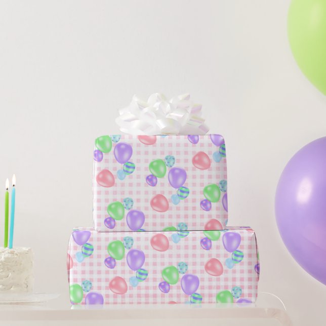 Papier Cadeau Ballons D'Anniversaire Sur En vichy Rose (Cadeaux de fête)