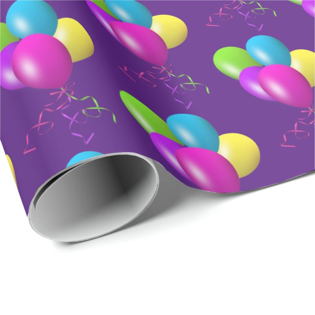 Papier Cadeau Ballons d'anniversaire sur violet (Coin rond)