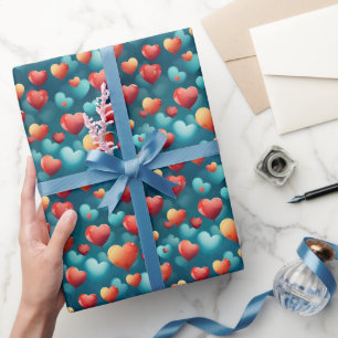 Papier Cadeau Ballons de coeur bleu et rouge mignons
