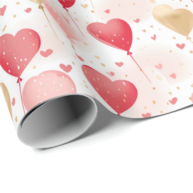 Papier Cadeau Ballons de coeur rose et or de Valentine (Coin rond)
