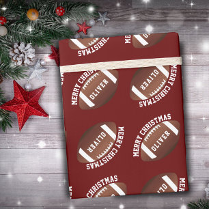 Papier Cadeau Ballons de Football Américain Nom Rouge Noël 