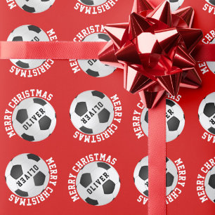 Papier Cadeau Ballons de Football pour Enfants Nom Rouge Noël