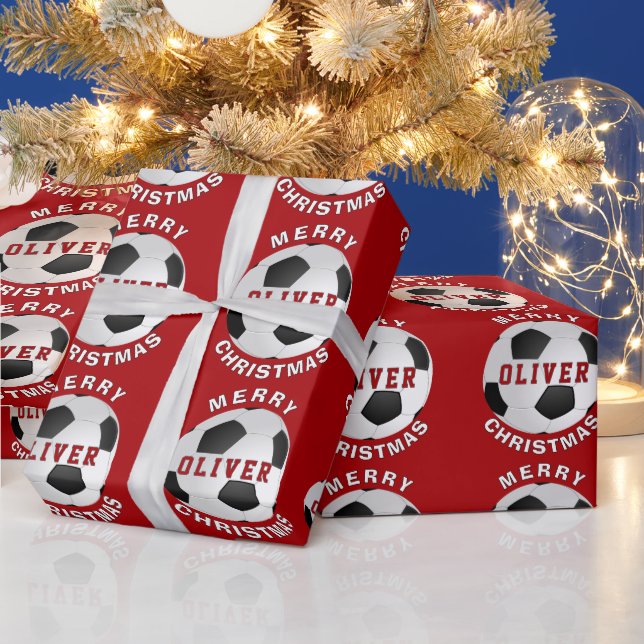 Papier Cadeau Ballons de football rouge Enfants Nom Noël (Vacances)