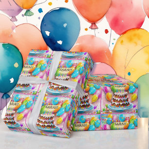 Papier Cadeau Ballons de gâteau d'anniversaire Ajouter le nom de