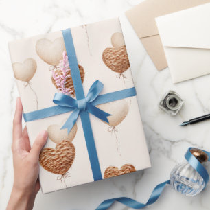 Papier Cadeau Ballons en forme de cœur marron crème Amour dans l