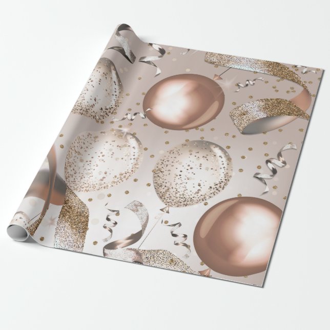 Papier Cadeau Ballons Rose Gold Rose Et Paillettes Fête Sweet 16 (Déroulé)