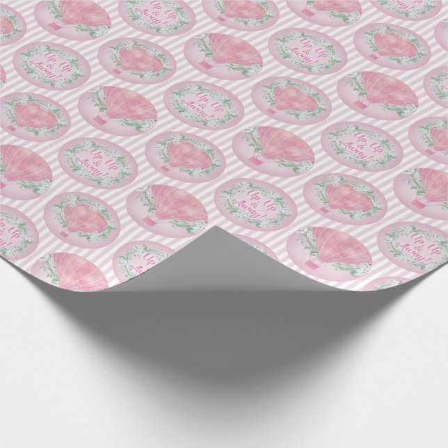 Papier Cadeau Ballotte à air chaud rose-pêche - bandes florales (Coin)