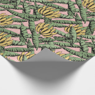 Papier Cadeau Bananes et Feuilles roses exotiques