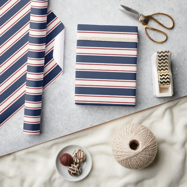 Papier Cadeau Bande marine, rouge et crème (Artisanat)