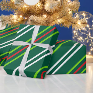 Papier Cadeau Bandes blanches et rouges sur fond vert foncé de N