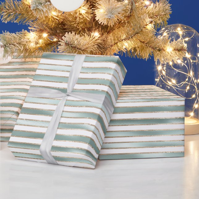 Papier Cadeau Bandes blanches Mint Green Gold (Vacances)