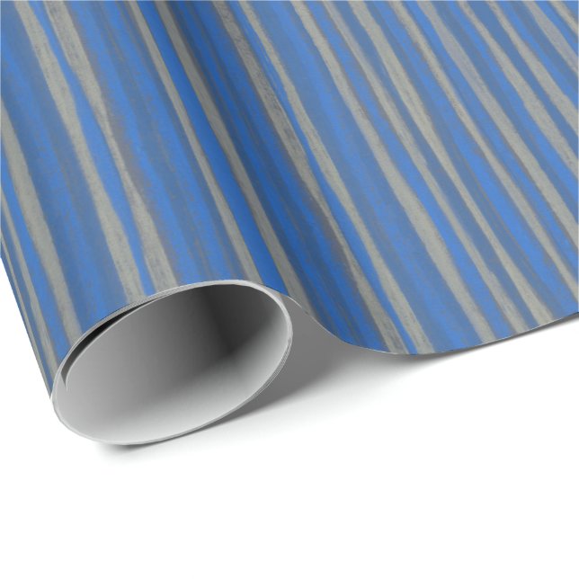 Papier Cadeau Bandes bleu gris et cobalt, motif dessiné à la mai (Coin rond)