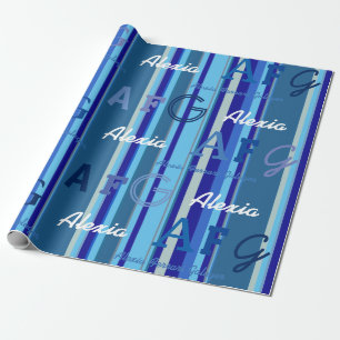 Papier Cadeau bandes bleues avec nom personnalisé . personnalisé