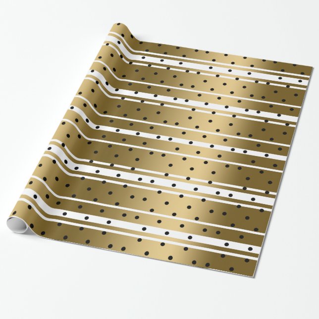 Papier Cadeau Bandes Chic Or & Blanc Avec Pois Noirs (Déroulé)