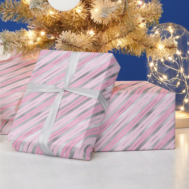 Papier Cadeau Bandes claires roses et argentées (Vacances)