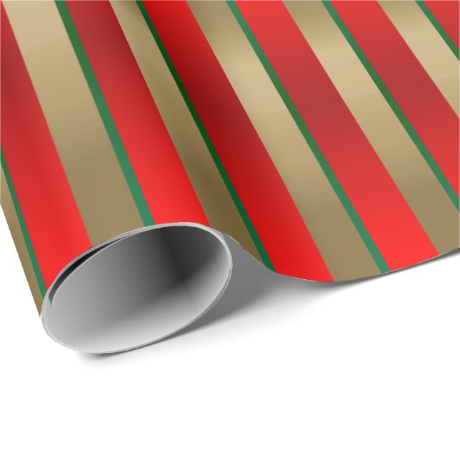 Papier Cadeau Bandes de Noël rouge, vert et or (Coin rond)