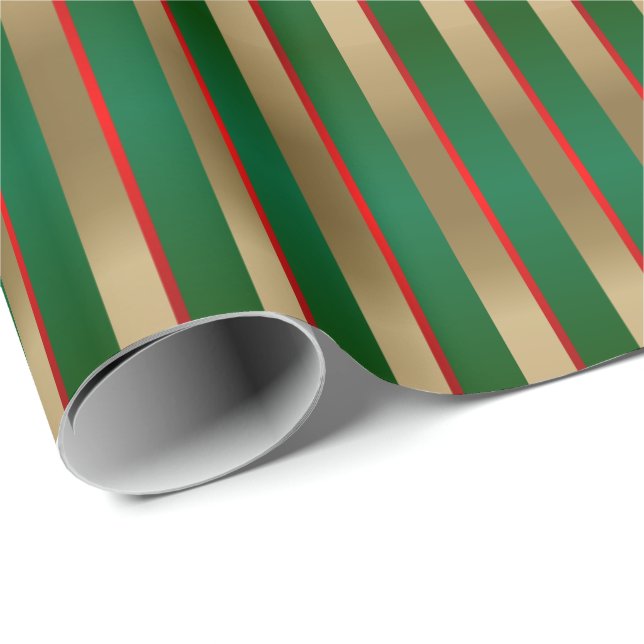 Papier Cadeau Bandes de Noël vert, rouge et or (Coin rond)