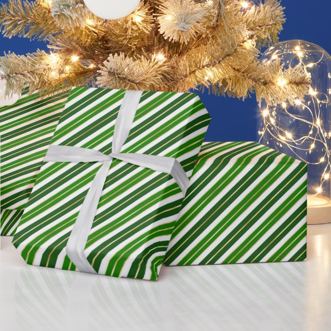 Papier Cadeau Bandes de Noël vertes, dorées et blanches (Vacances)