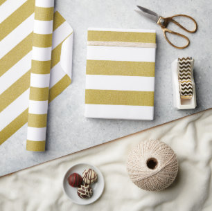 Papier Cadeau Bandes d'or, Blancs, Motif rayé
