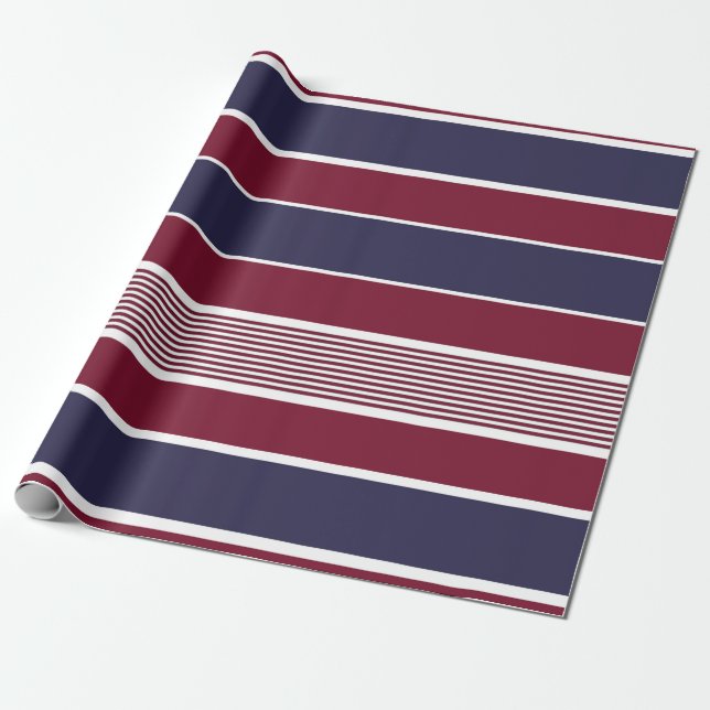 Papier Cadeau Bandes horizontales, bordeaux, bleu marine, blanc (Déroulé)