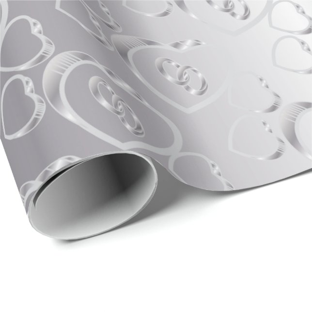 Papier Cadeau Bandes Mariages en argent élégantes dans les coeur (Coin rond)