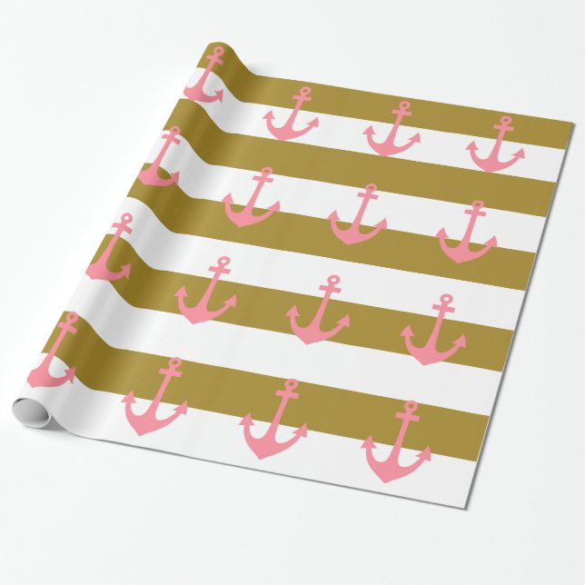 Papier Cadeau Bandes métalliques d'or et rose nautique (Déroulé)
